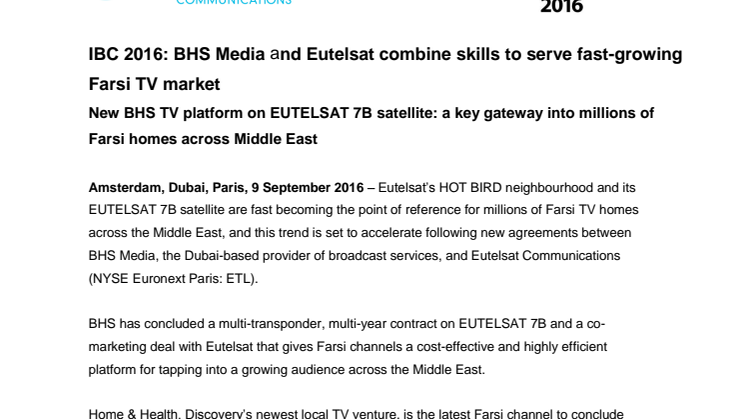 IBC 2016: BHS Media and Eutelsat combine skills to serve fast-growing Farsi TV market