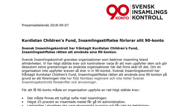 Kurdistan Children's Fund, Insamlingsstiftelse förlorar sitt 90-konto