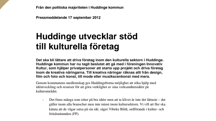 Huddinge utvecklar stöd till kulturella företag