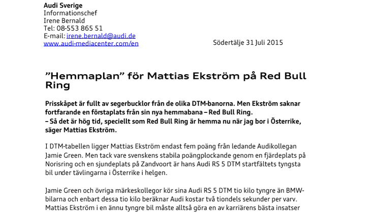 "Hemmaplan" för Mattias Ekström på Red Bull Ring