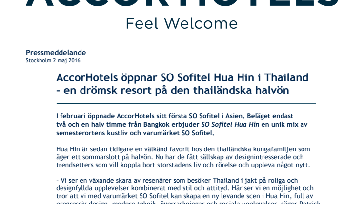 ​AccorHotels öppnar SO Sofitel Hua Hin i Thailand – en drömsk resort på den thailändska halvön