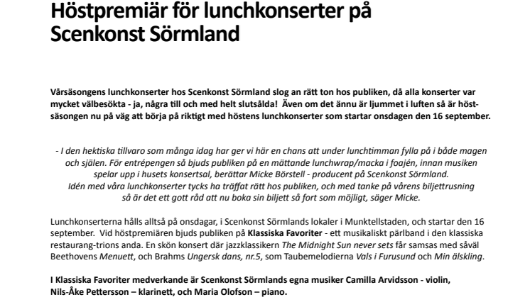 Höstpremiär för Scenkonst Sörmlands lunchkonserter