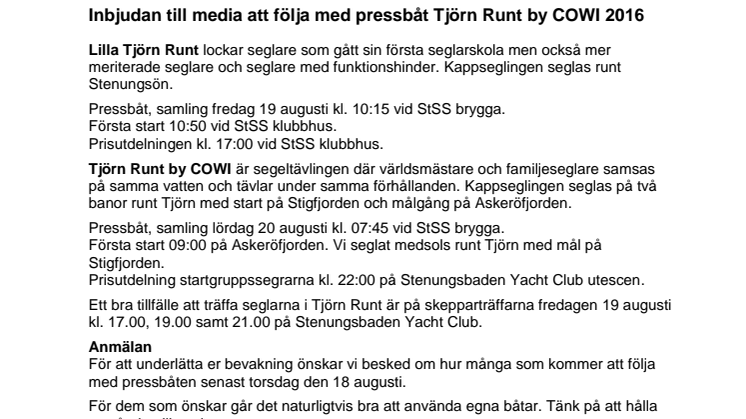 Inbjudan till media att följa med pressbåt Tjörn Runt by COWI 2016