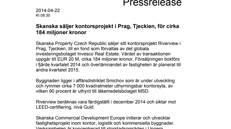 Skanska säljer kontorsprojekt i Prag, Tjeckien, för cirka 184 miljoner kronor