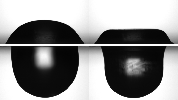Flattening of a drop resting on a solid surface (top) and elongation of a hanging drop (bottom).