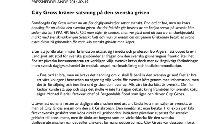 City Gross kräver satsning på den svenska grisen