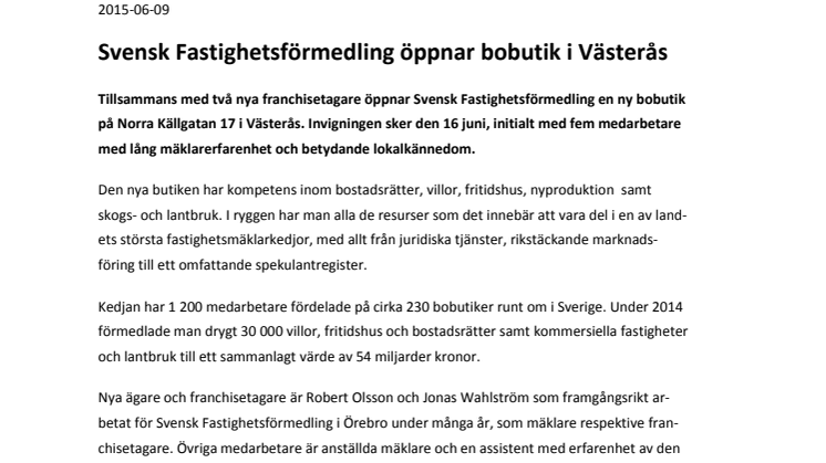 Svensk Fastighetsförmedling öppnar bobutik i Västerås