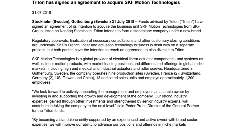 Triton has signed an agreement to acquire SKF Motion Technologies