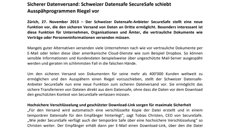 Sicherer Datenversand: Schweizer Datensafe SecureSafe schiebt Ausspähprogrammen Riegel vor
