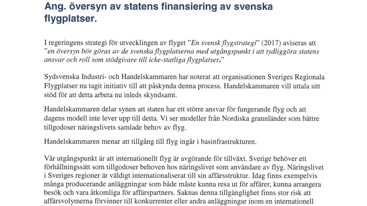 Brev till infrastrukturminister Tomas Eneroth ang. översyn av statens finansiering av svenska flygplatser