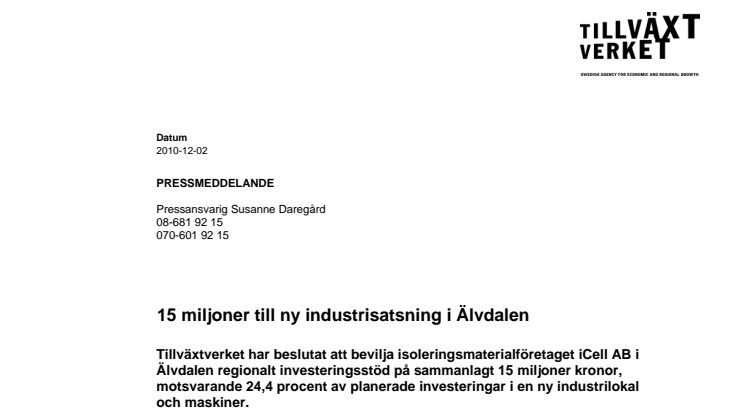 15 miljoner till ny industrisatsning i Älvdalen