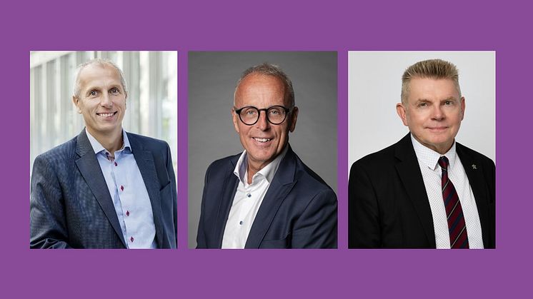 Offentlig sektors utmaningar i ett förändrat omvärldsläge i fokus på Kvalitetsmässan. I bild: Henrik Edman, Kvalitetsmässan, Palle Lundberg, vd SKR, Magnus Hjort, gd MPF. Foton: Svenska Mässan Gothia Towers/Hans Alm/Peter Phillips.