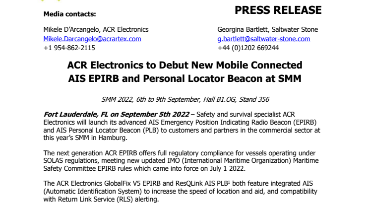 Aug 22.SMM - ACR Electronics to Debut New Mobile Connected AIS EPIRBs and Personal Locator Beacon at SMM.Approved.pdf