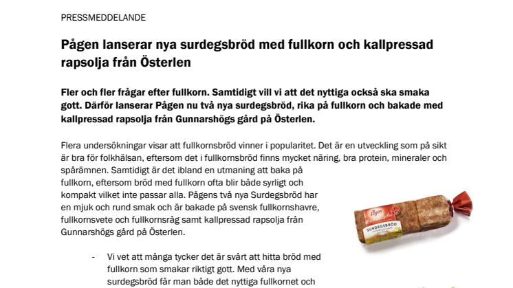 Pågen lanserar nya surdegsbröd med fullkorn och kallpressad rapsolja från Österlen