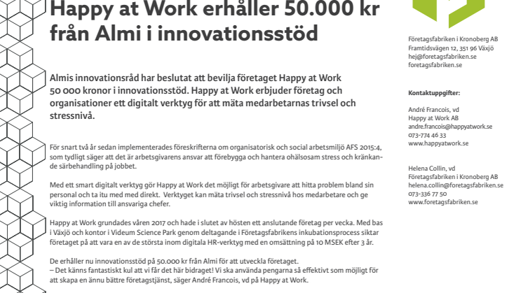 Happy at Work erhåller 50.000 kr från Almi i innovationsstöd
