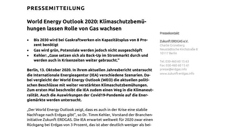 World Energy Outlook 2020: Klimaschutzbemühungen lassen Rolle von Gas wachsen