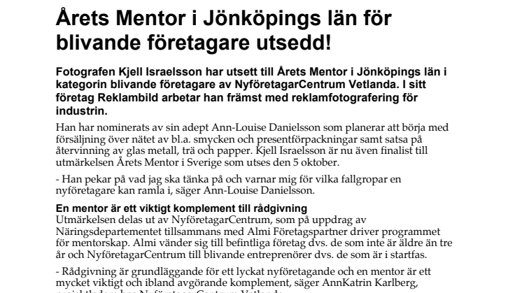 Årets Mentor i Jönköpings län för blivande företagare utsedd! 