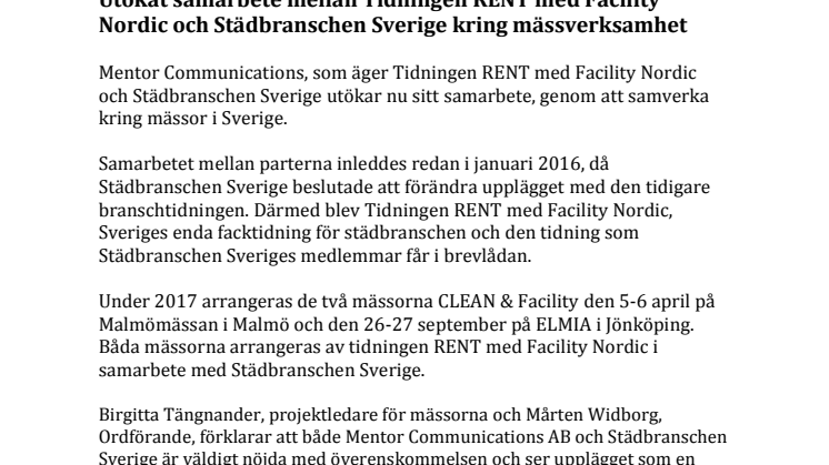 Utökat samarbete mellan Tidningen RENT med Facility Nordic och Städbranschen Sverige kring mässverksamhet