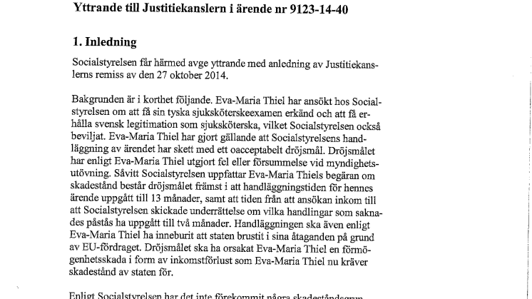 Socialstyrelsens svar till JK i Eva-Maria Thiels fall - 20150127