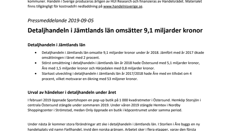 Detaljhandeln i Jämtlands län omsätter 9,1 miljarder kronor 