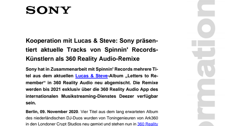Kooperation mit Lucas & Steve: Sony präsentiert aktuelle Tracks von Spinnin' Records-Künstlern als 360 Reality Audio-Remixe