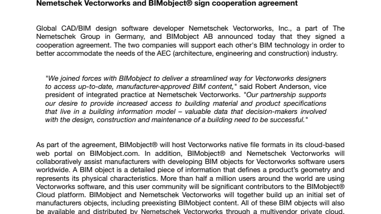 Nemetschek Vectorworks and BIMobject® sign cooperation agreement  