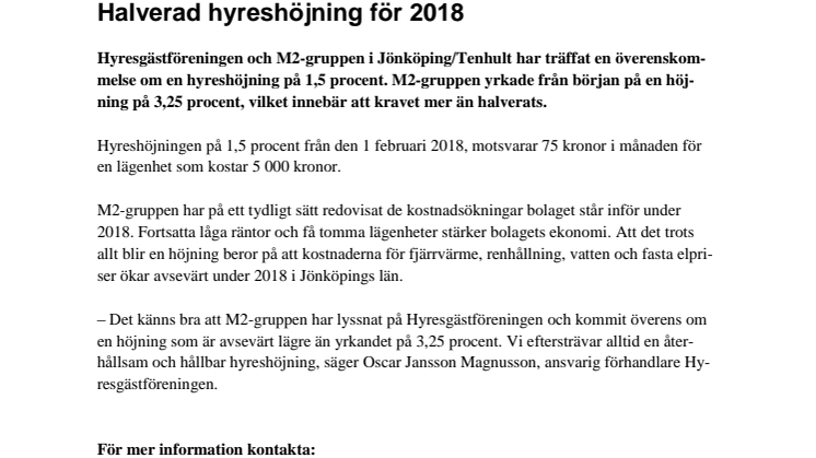 Halverad hyreshöjning för 2018