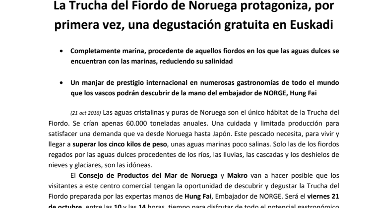 La Trucha del Fiordo de Noruega protagoniza, por primera vez, una degustación gratuita en Euskadi