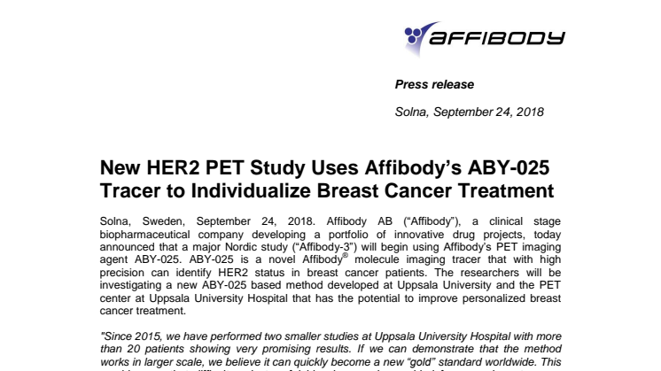 New HER2 PET Study Uses Affibody’s ABY-025 Tracer to Individualize Breast Cancer Treatment