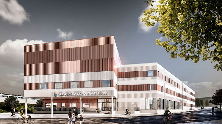 Vega skola och aktivitetshus ligger i Vegastaden – ett nybyggt område strax söder om Stockholm nära Vega pendeltågsstation. Bild: C.F. Møller Architects