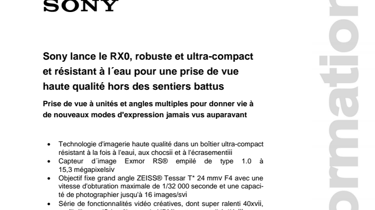 Sony lance le RX0, robuste et ultra-compact et résistant à l´eau pour une prise de vue haute qualité hors des sentiers battus