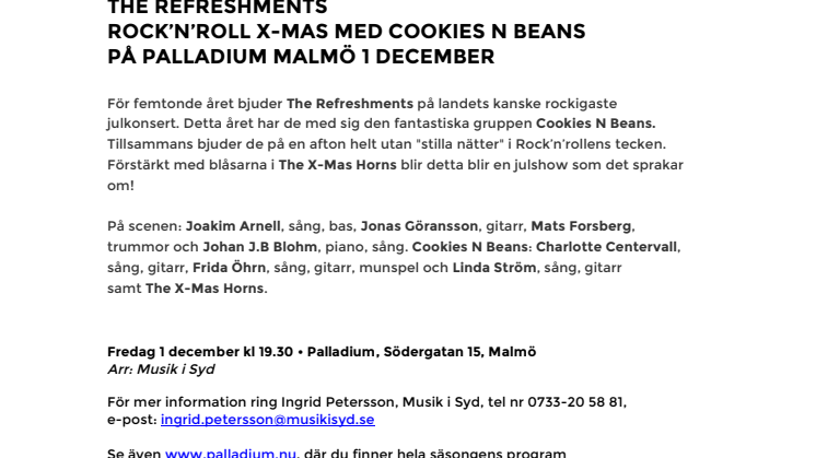 The Refreshments – Rock'n Roll X-Mas med Cookies N Beans på Palladium Malmö 1 december