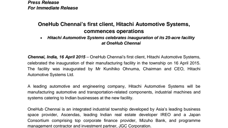OneHub Chennai’s first client, Hitachi Automotive Systems, commences operations