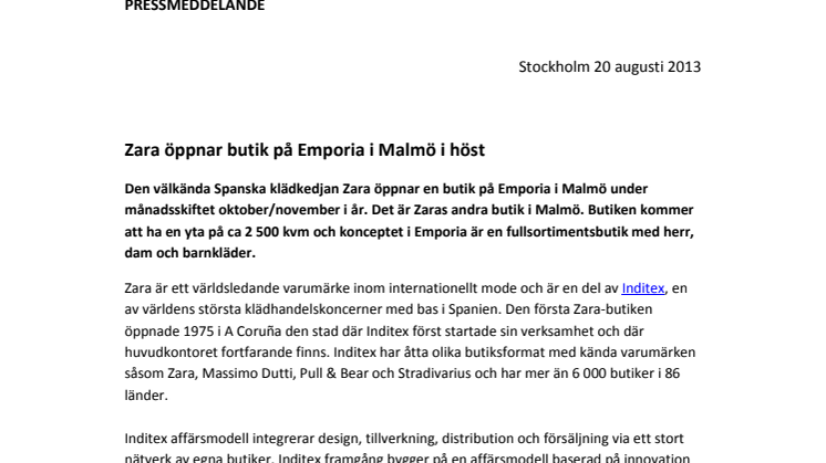 Zara öppnar butik på Emporia i Malmö i höst