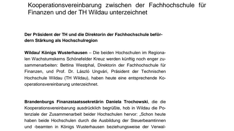 Kooperation zwischen der TH Wildau und der Fachhochschule für Finanzen Königs Wusterhausen