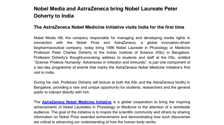 Nobel Media and AstraZeneca bring Nobel Laureate Peter Doherty to India