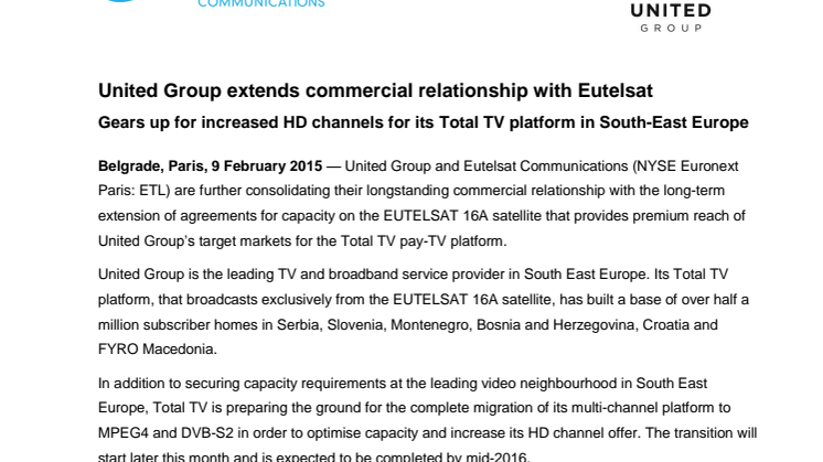 United Group extends commercial relationship with Eutelsat