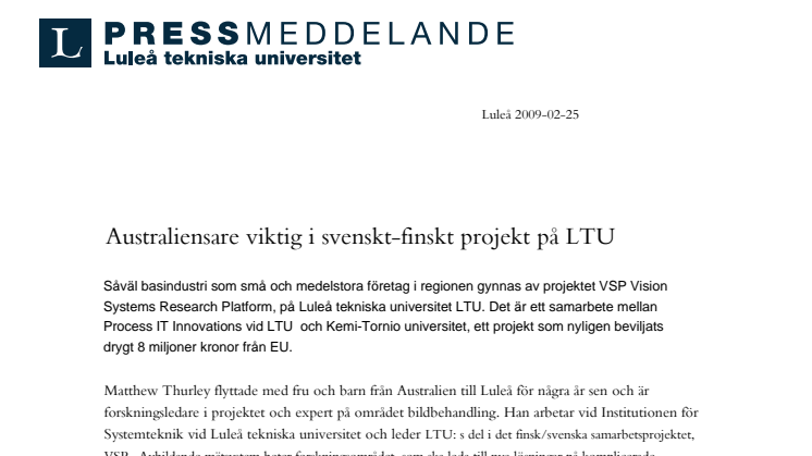 Australiensare viktig i svenskt-finskt projekt på LTU