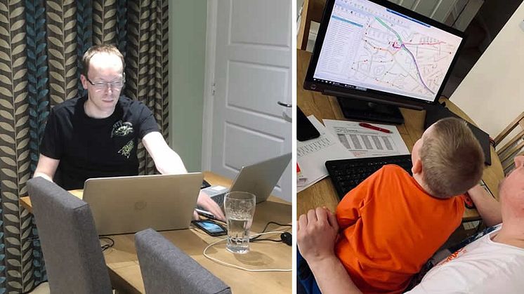 Go North East's network design manager Graham Hill (left), and operations scheduling assistant Christopher Strong (right), working from home with a helping hand from his son Alfie