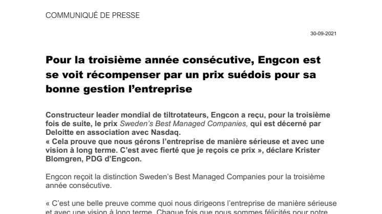 300921_Press_Pour la troisième année consécutive, Engcon est se voit récompenser par un prix suédois pour sa bonne gestion l’entreprise