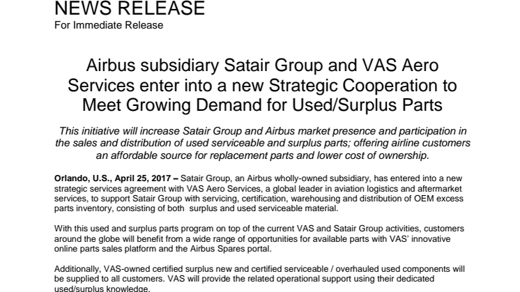 Airbus subsidiary Satair Group and VAS Aero Services enter into a new Strategic Cooperation to Meet Growing Demand for Used/Surplus Parts