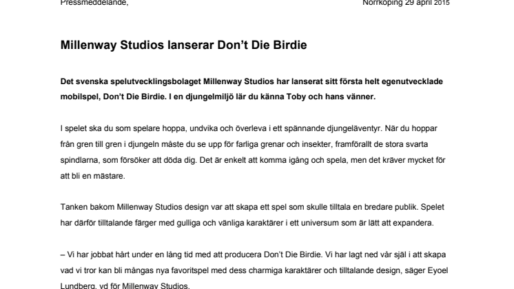 Millenway Studios lanserar Don’t Die Birdie