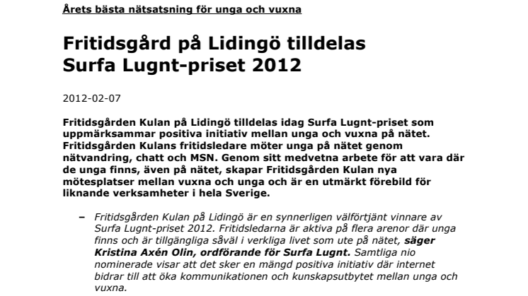 Fritidsgård på Lidingö tilldelas  Surfa Lugnt-priset 