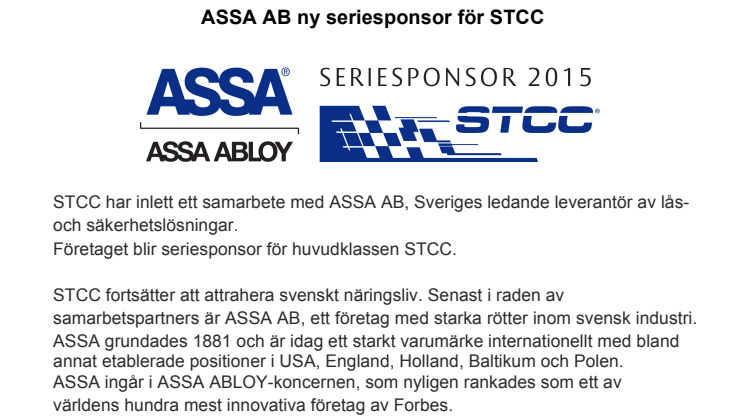 ASSA AB ny seriesponsor för STCC