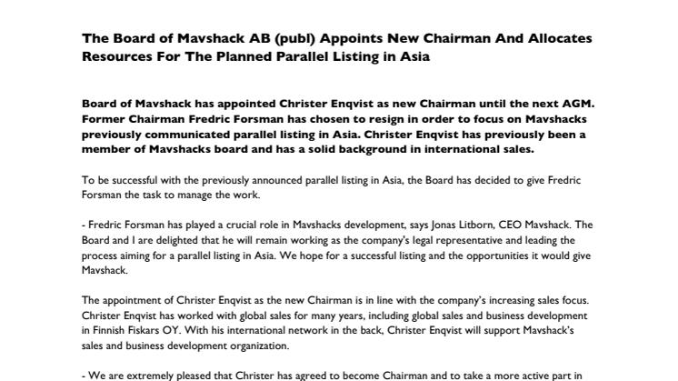 The Board of Mavshack AB (publ) Appoints New Chairman And Allocates Resources For The Planned Parallel Listing in Asia 