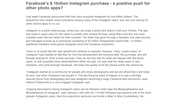 Facebook’s $ 1billion Instagram purchase - a positive push for other photo apps?