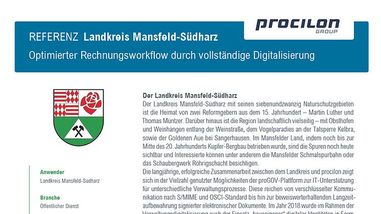 procilon Referenzblatt | Landkreis Mansfeld-Südharz - Optimierter Rechnungsworkflow durch vollständige Digitalisierung