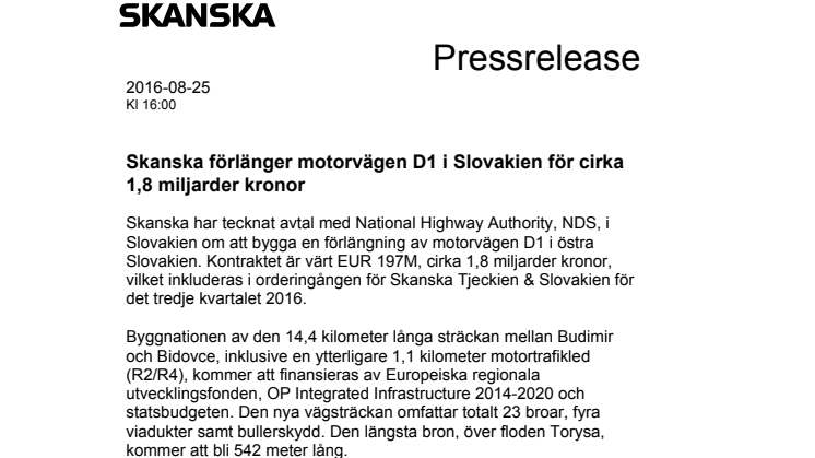 Skanska förlänger motorvägen D1 i Slovakien för cirka 1,8 miljarder kronor