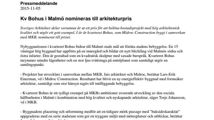Kv Bohus i Malmö nomineras till arkitekturpris