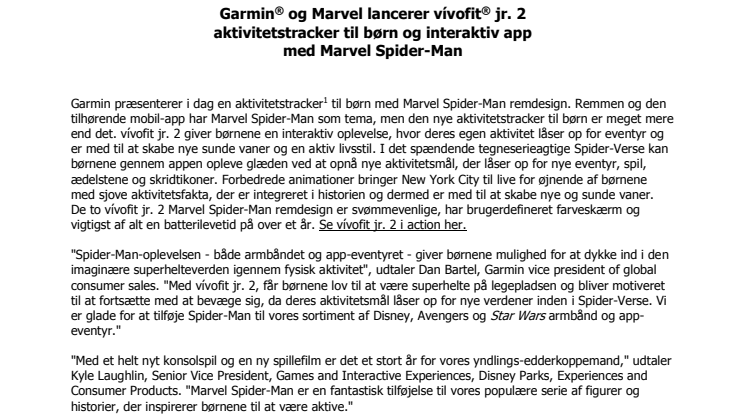Garmin® og Marvel lancerer vívofit® jr. 2 aktivitetstracker til børn og interaktiv app  med Marvel Spider-Man